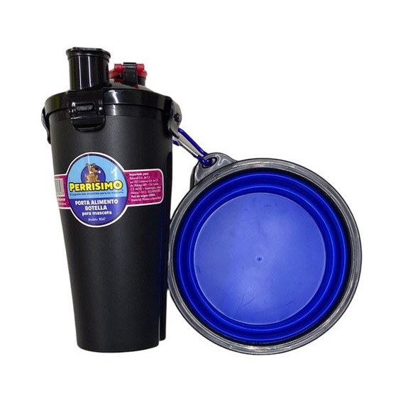 Perrísimo Alimentador Portátil+ Plato Plegable Agua/alimento Color Negro Y Azul