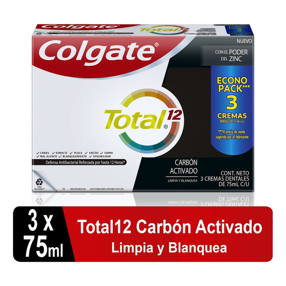 Crema Dental Colgate Total 12 Carbon Activado X 3und X 75ml