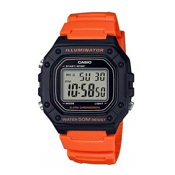 Reloj pulsera Casio Youth W-218H de cuerpo color negro, digital, para hombre, fondo gris, con correa de resina color naranja, dial negro, minutero/segundero negro, bisel color negro, luz ámbar y hebil