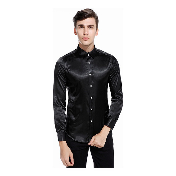 Camisa De Vestir Manga Larga De Seda Brillante Para Hombre