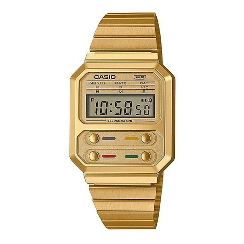 Reloj Casio Vintage A-100weg Unisex Hombre Mujer Digital Color de la malla Dorado Color del bisel Dorado Color del fondo Dorado