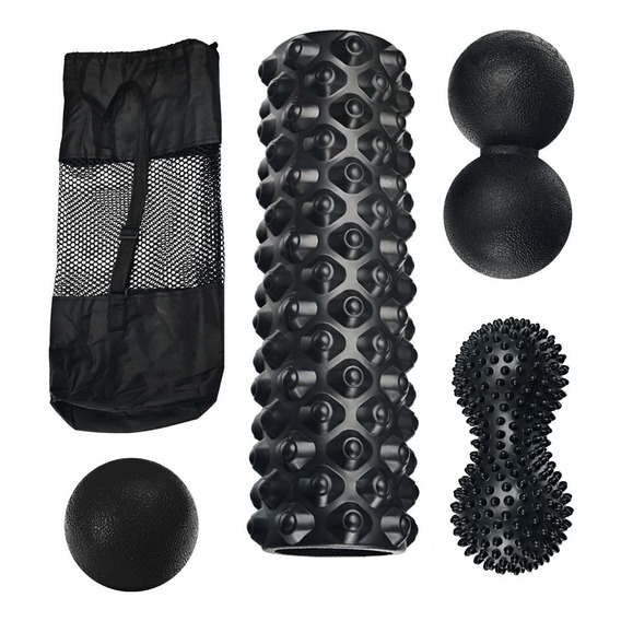 Set Rollo Yoga + Bolas Para Masajes Fascia Plantar Dolencias Color Negro