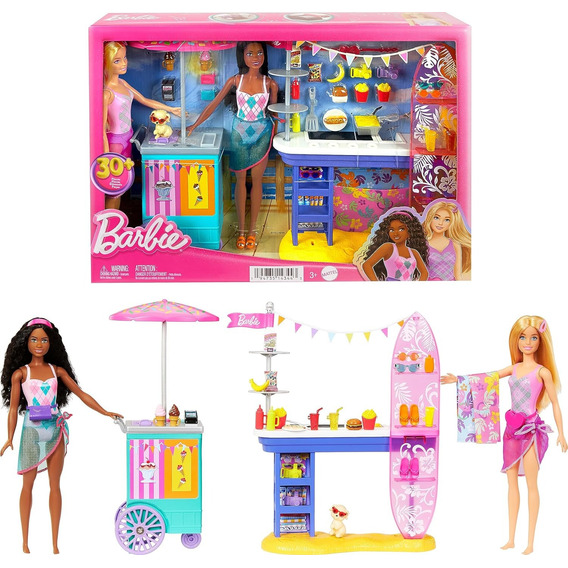 Barbie Set De Playa Mattel 2 Muñecas, Stands Y 30 Accesorios