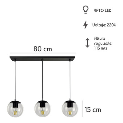 Colgante 3 Luces Globo 15cm Negro Moderno Apto Led E-27