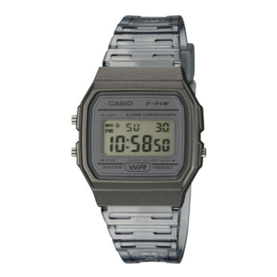 Reloj pulsera Casio Collection F-91WG-9QDF-SC de cuerpo color gris, digital, para hombre, fondo gris, con correa de resina color transparente y gris, dial negro, minutero/segundero negro, bisel color 
