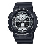 Reloj pulsera Casio G-Shock GA100 de cuerpo color negro, analógico-digital, para hombre, fondo blanco, con correa de resina color negro, agujas color negro, dial blanco, subesferas color blanco y negr