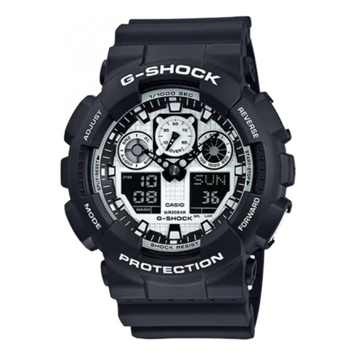 Reloj pulsera Casio G-Shock GA100 de cuerpo color negro, analógico-digital, para hombre, fondo blanco, con correa de resina color negro, agujas color negro, dial blanco, subesferas color blanco y negro, minutero/segundero blanco, bisel color negro y hebilla doble