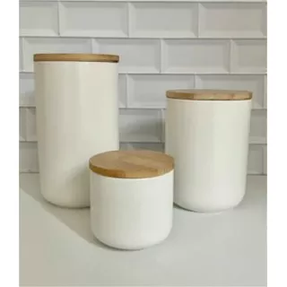 Frasco De Ceramica  S  Blanco Con Tapa De Bamboo