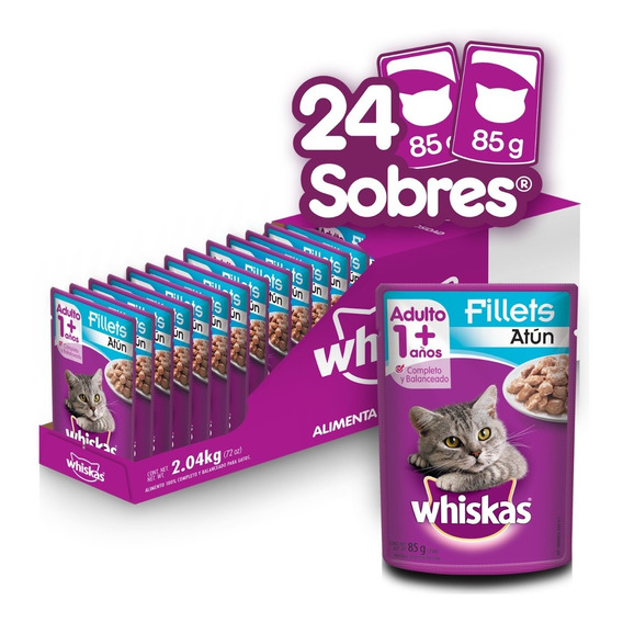 Alimento Húmedo Whiskas Para Gatos Atún 24 Sobres 85gr C/u