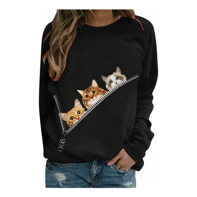 Playera De Mujer Con Cuello Redondo Y Estampado De Gato Man