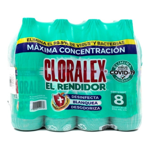 8 Pack Botellas Cloro Blanqueador Cloralex El Rendidor 950ml