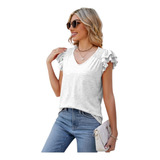 Blusa Blanca Manga Corta Plisada Cuello V Para Dama