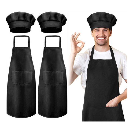 2 Pack Mandil Delantal Para Chef Antiagua Poliéster  +gorro 