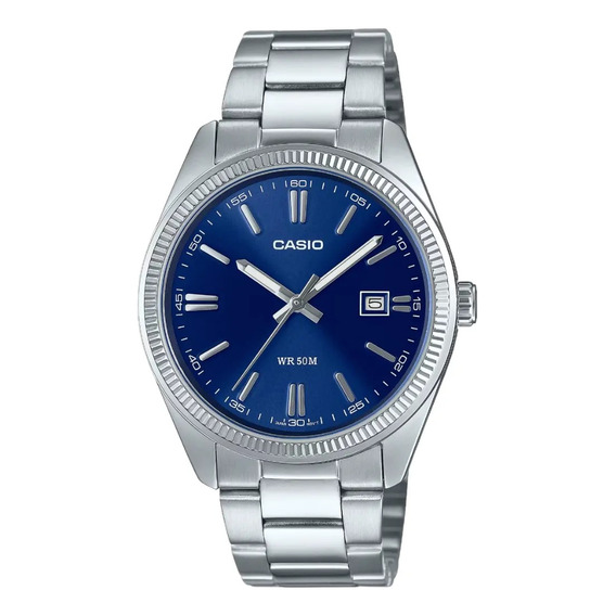 Reloj Casio Analógico Mtp-1302d-2av Sin Genero Correa Plateado Bisel Plateado Fondo Azul Marino