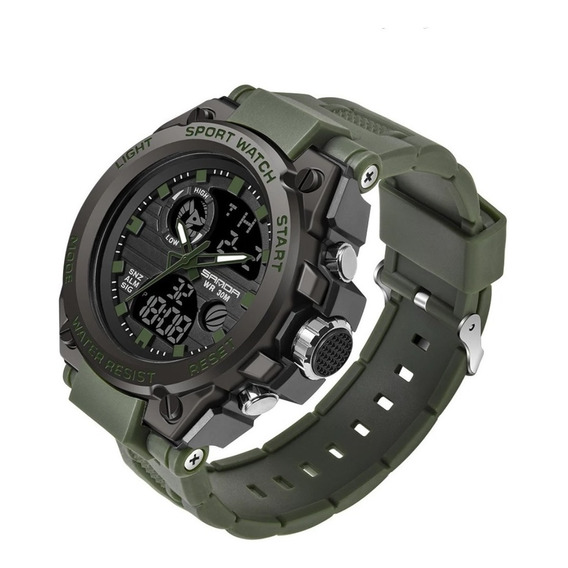 Reloj pulsera Sanda top tean 739 de cuerpo color negro, analógico-digital, para hombre, fondo negro, con correa de poliuretano color verde ejército, agujas color verde ejército y blanco, dial verde ej