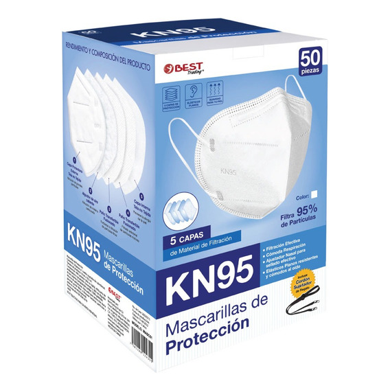 Cubrebocas KN95 Certificado con 50 Piezas, Tapabocas con 5 Capas de Protección contra Partículas, Ajustador Nasal Oculto, Empaquetados Individualmente