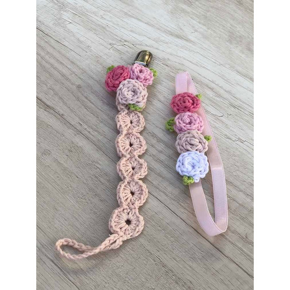 Portachupete Crochet +vincha Bebé Crochet Elástica Rosas!!!