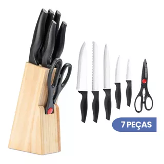 Jogo De Facas Com Suporte 7 Peças Com Cepo Madeira Aço Inox Cor Preto