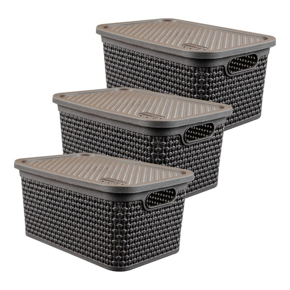 Set 3 Cajas Organizadoras Pack Simil Rattan Mediana 7,5 Lts. Color Marrón Oscuro