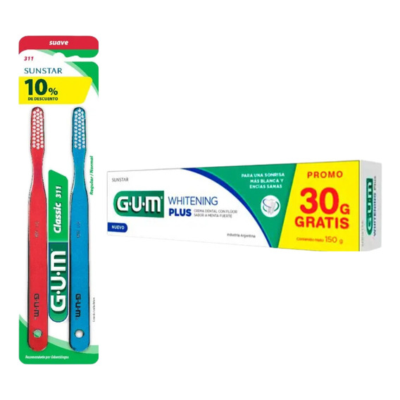 Kit Gum Cepillo Dental 311 Suave+crema Dental Whitening Plus