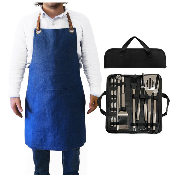 Pack Set Asado Parrilla 20 Uds + Pechera Jeans Asa Eco Cuero