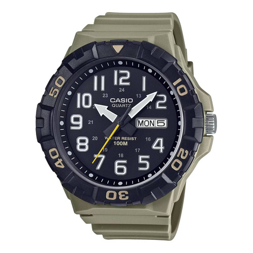 Reloj pulsera Casio MRW-210H con correa de resina color beige - fondo negro