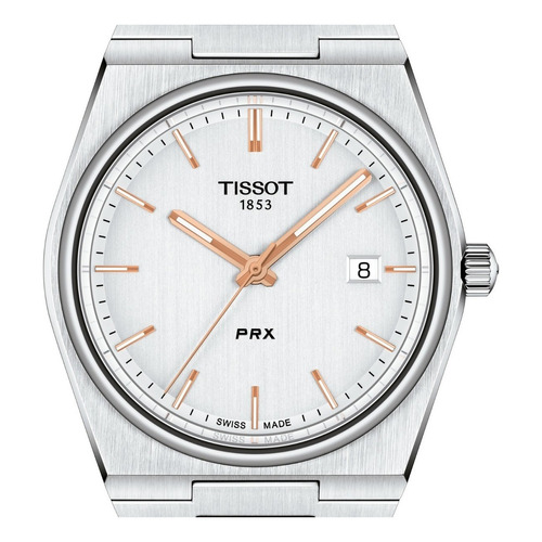 Reloj pulsera Tissot T-Classic T137.410.11.051.00 de cuerpo color gris, analógico, para hombre, fondo gris, con correa de acero inoxidable color gris, agujas color oro rosa y blanco, dial oro rosa y blanco, minutero/segundero negro, bisel color gris y mariposa