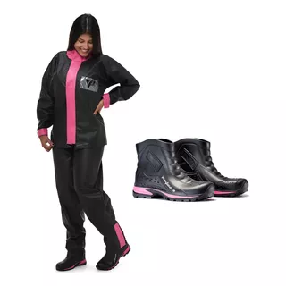 Capa De Chuva Moto Pantaneiro E Bota Pvc Preto Com Rosa 