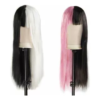 Peruca Wig Rosa Preta Branca Franja Premium Cosplay Touca