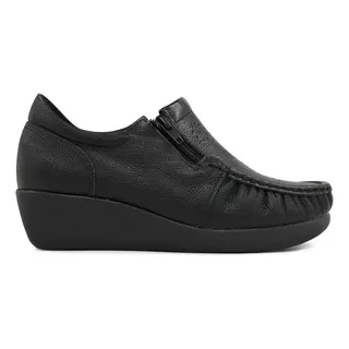 Sapato Anabela Usaflex Couro Preto Conforto Duplo Zíper 6263