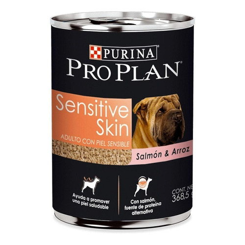 Alimento Pro Plan OptiDerma Sensitive Skin Adult para perro adulto todos los tamaños sabor salmón y arroz en lata de 368.5g