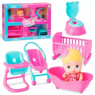 Boneca Bebe Little Dolls Casinha + 6 Acessórios - Divertoys