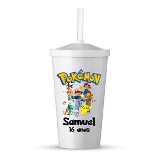 30 Copos De Canudo C- Tampa Personalizado Pokémon Com Nome