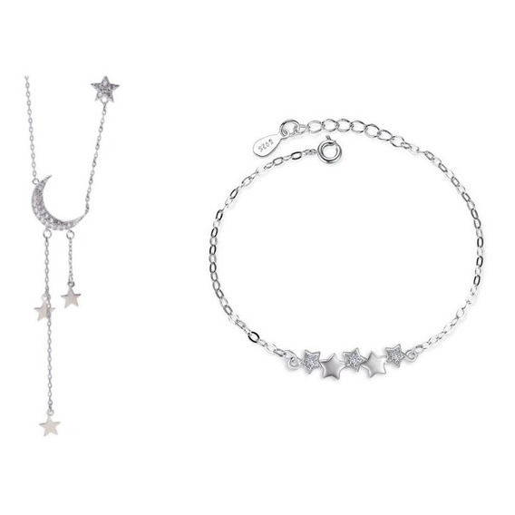 Juego Set Pulsera Collar Plata 925 Estrellas Mujer Elegante