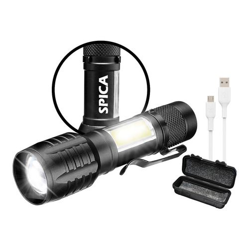 Linterna Tactica Led Spica X-4 Recargable Luz Blanca 3 Modos de Iluminacion Carga USB Militar Gancho Clip