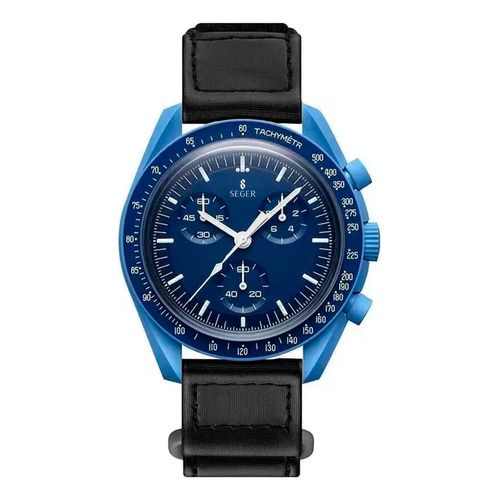 Reloj Unisex Seger 1982 Original Moonswatch Elegante Sport Color de la malla Negro Color del bisel Azul