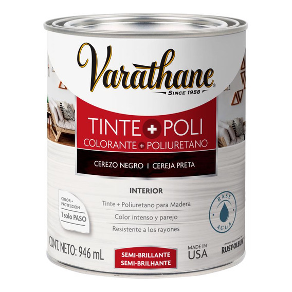 Tinte+poliuretano Para Madera Semi Brillante Varathane 946ml Color Cerezo/Negro