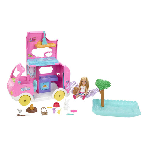 Barbie Set de Juego Chelsea Nuevo Camper con accesorios como una fogata, una guitarra y comiditas para Chelsea™ y sus mascotas para niñas de 3 años en adelante