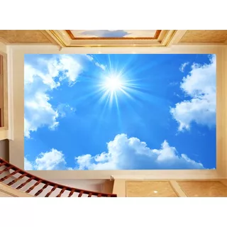 Adesivo De Teto Céu Azul Nuvens Dia Manhã Sol M² Rof02