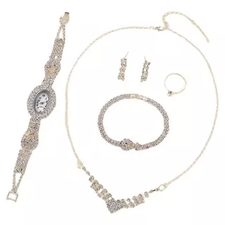 Relógio Feminino Cristais Strass Pulseira Colar Set Pulseira