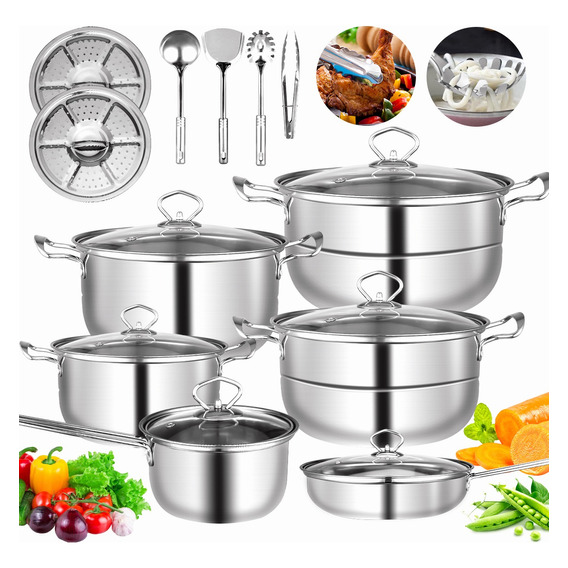 Juego Bateria De Cocina Ollas Sarten Humeantes Acero Inoxi