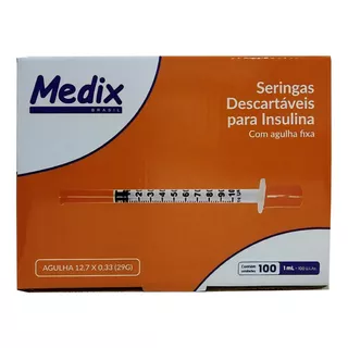 Seringa Descartável Para Insulina Com Agulha 12.7 X 0.33 29 G 1ml 100 U.i Caixa Com 100 Unidades.