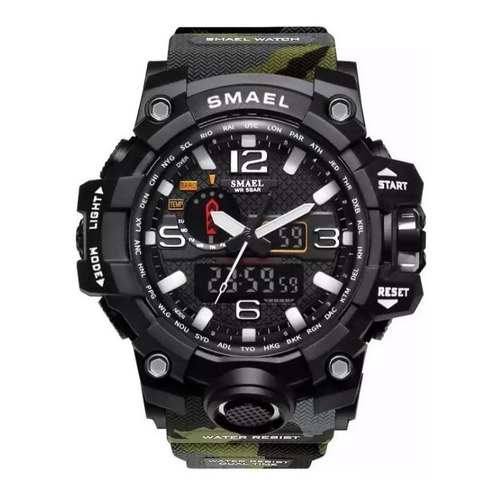 Reloj pulsera Smael 1545 con correa de poliuretano color camuflado verde - fondo negro