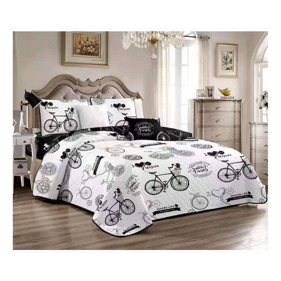 Cubrecama Quilt De Verano 2 Plazas Diseños Estampados Color Bicycle Blanco 454