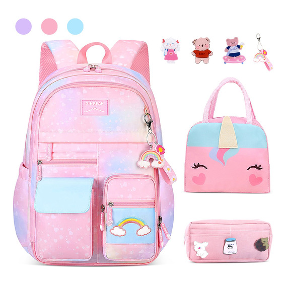 Mochila Infantil Para Niña Escolar Unicornio Estuche Y Bolsa