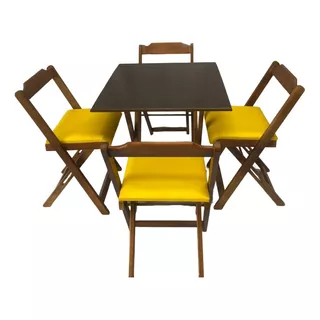 Jogos De Mesa De Bar 70x70 + 4 Cadeiras Dobrável Em Madeira Cor Inbuia Acento Amarelo