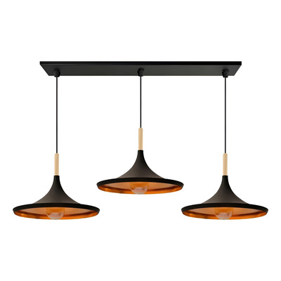 Colgante 3 Luces Moderno Beat Wide Negro Con Madera Apto Led