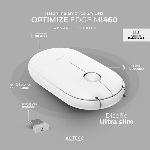 Mouse Inalambrico 2.4 Ghz Optimize Edge Mi460 / 1600 Dpi S Color Blanco