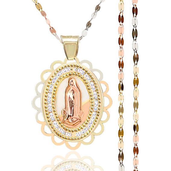 Medalla De La Virgen De Guadalupe Mini Y Cadena Oro 10k 45cm