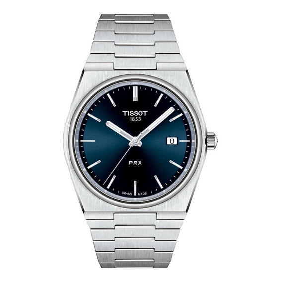 Reloj pulsera Tissot T-Classic PRX de cuerpo color gris, analógico, para hombre, fondo azul, con correa de acero inoxidable color gris, agujas color gris y blanco, dial gris y blanco, minutero/segunde